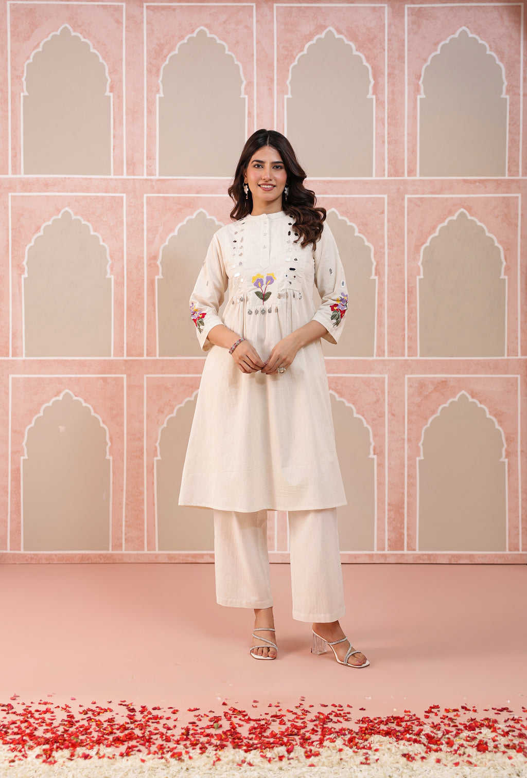 Ivory Bloom Mirror-Work Embroidered Kurta
