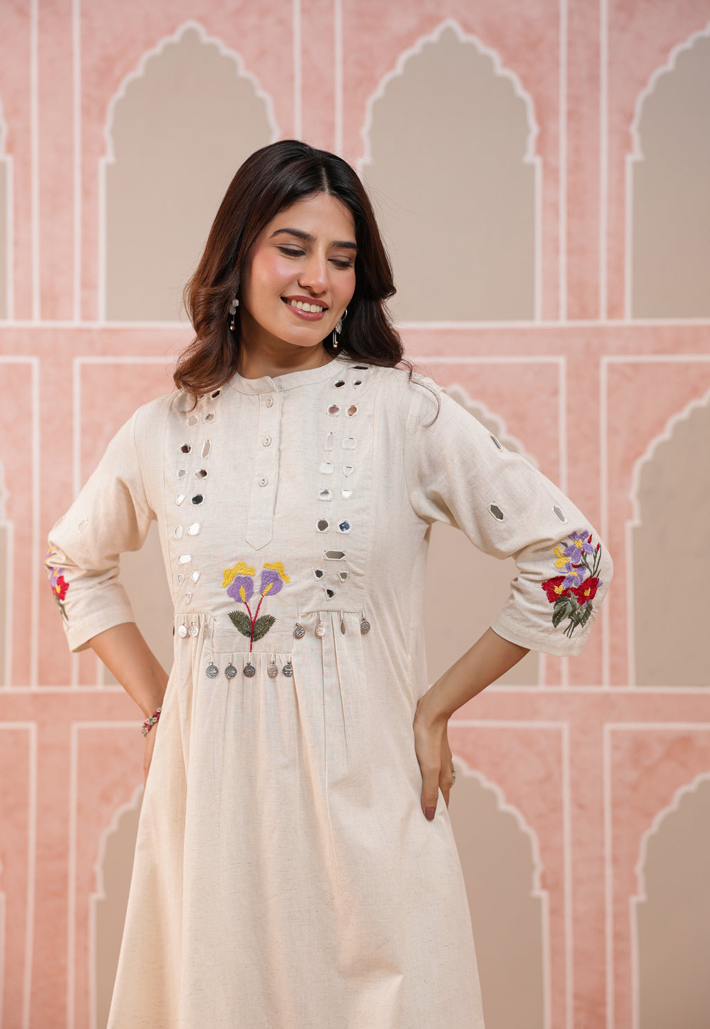 Ivory Bloom Mirror-Work Embroidered Kurta