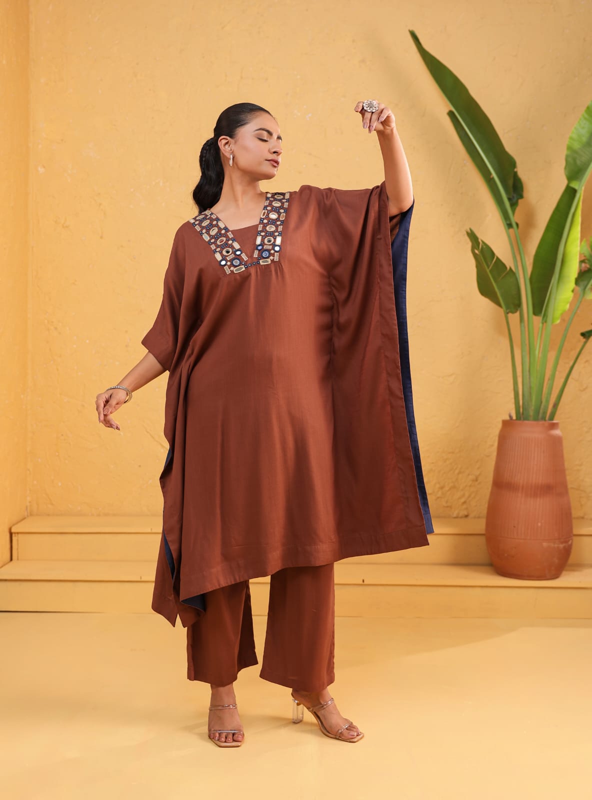 Cocoa Mirror-Embellished Kaftan Co-ord Set