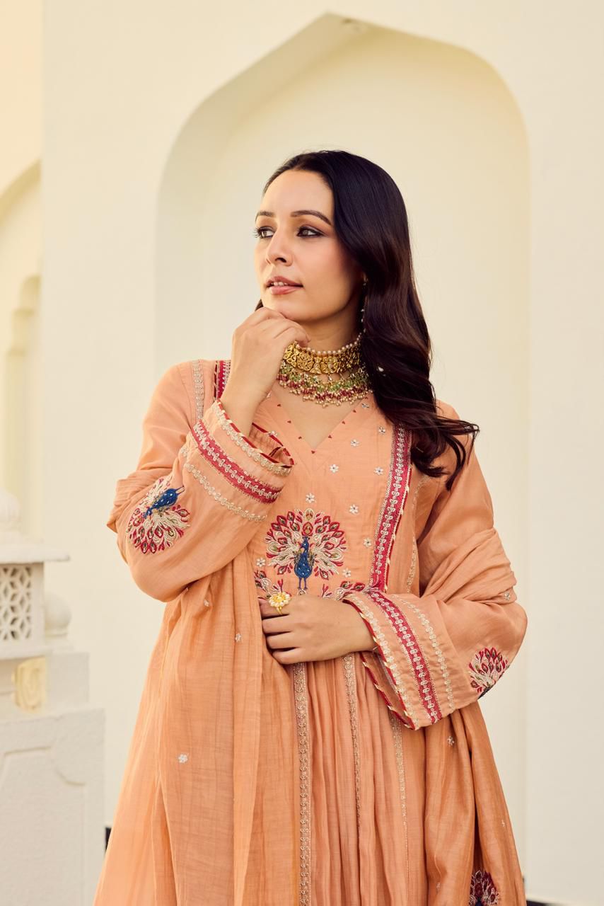 Peach Royale Embroidered Anarkali Suit Set