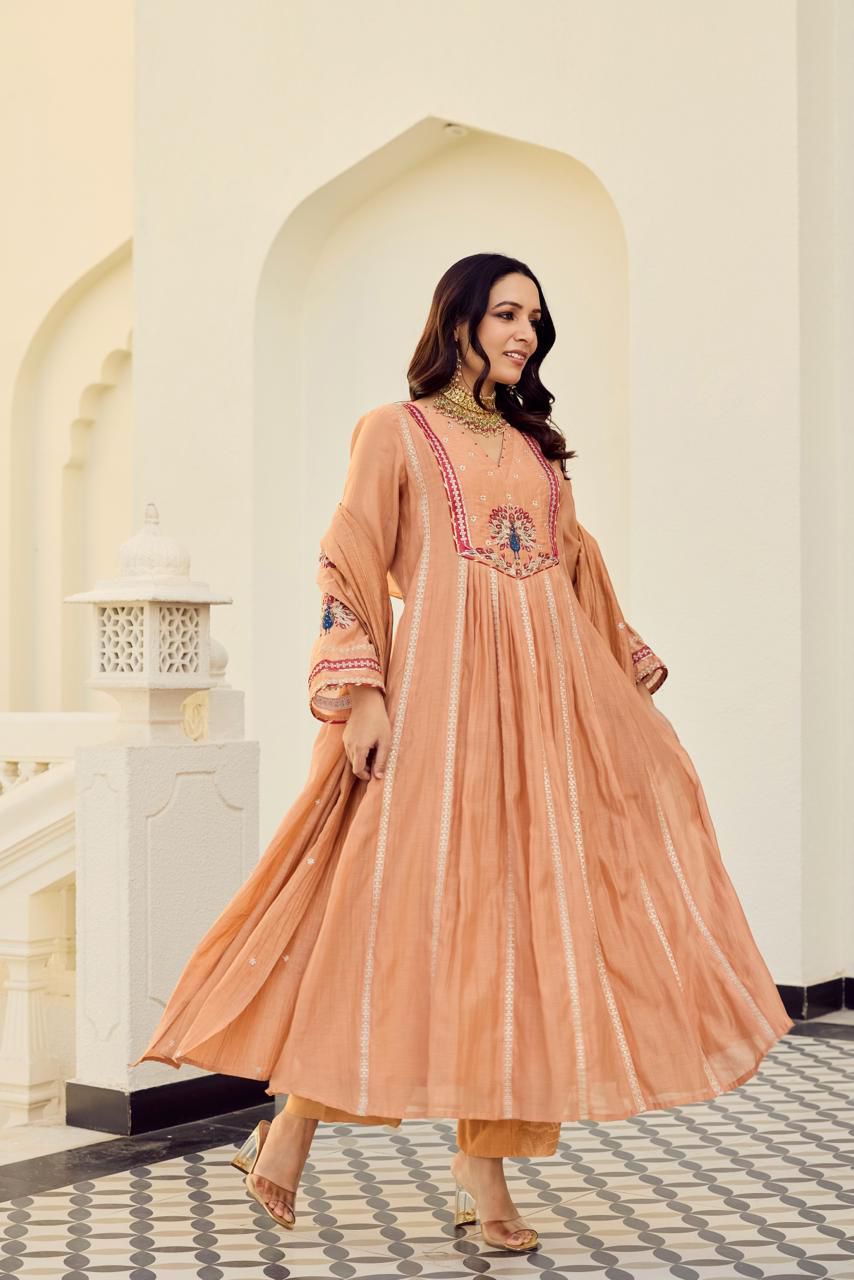 Peach Royale Embroidered Anarkali Suit Set