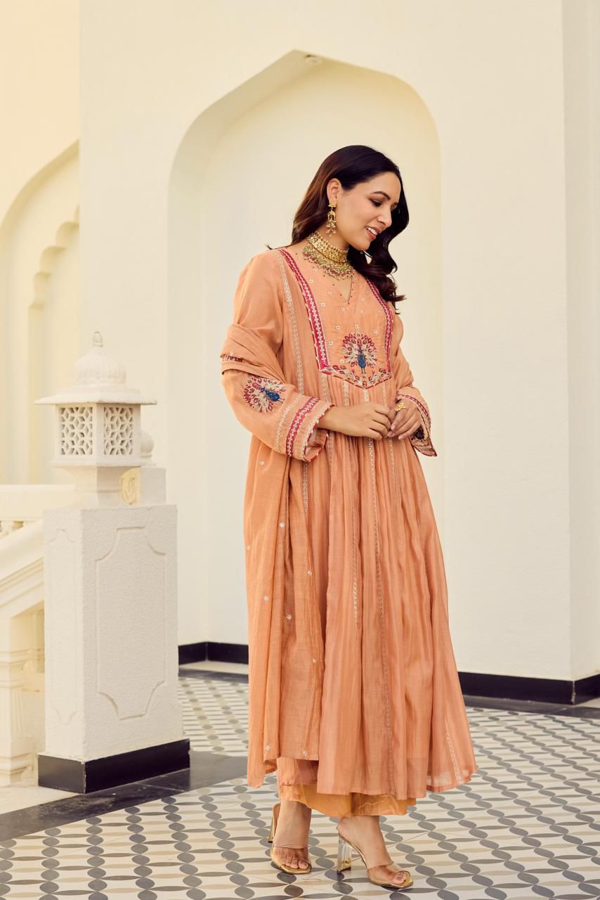 Peach Royale Embroidered Anarkali Suit Set